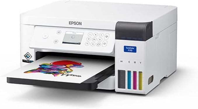 Epson F170 Cartridge-Free eco Supertank Sublimation Color Printer Starter Bundle. Free Mini Iron Heat Press Machine, 8.5"x 11" 10 Sheets Free Sublimation Paper and 1 Heat Resistant Tape.