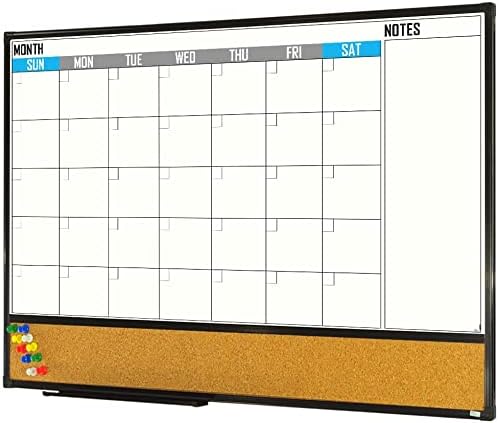 XBoard Dry Erase Calendar Whiteboard 36 X 24 - Combo White Board Calendar Monthly, Magnetic White Board + Corkboard with Black Aluminum Frame, 10 Colorful Push Pins & Marker Tray Included