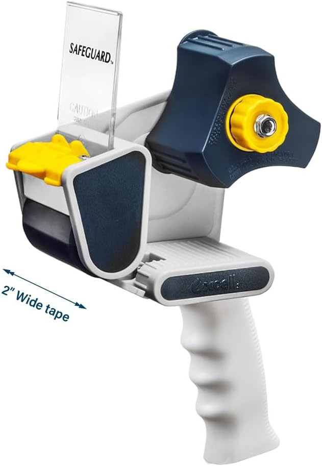 Excell Safeguard Packing Tape Dispenser with 1 Roll Transparent Tape, 2 Inch Wide Tape Gun with Pushflap Technology for Effortless Packaging, Box & Carton Sealing