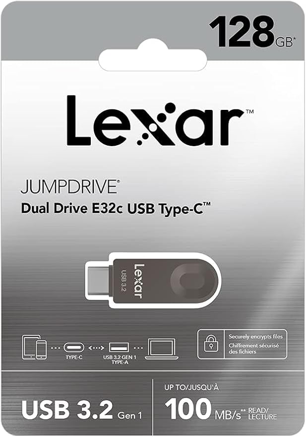 Lexar E32C 128GB Type-C USB Flash Drive, USB-A&USB-C 3.2 Gen 1 Dual Drive OTG 100MB/s Read, Thumb Drive Swivel Design Jump Drive for USB 3.0/2.0, Memory Stick for Android Smartphone, Laptop, PC