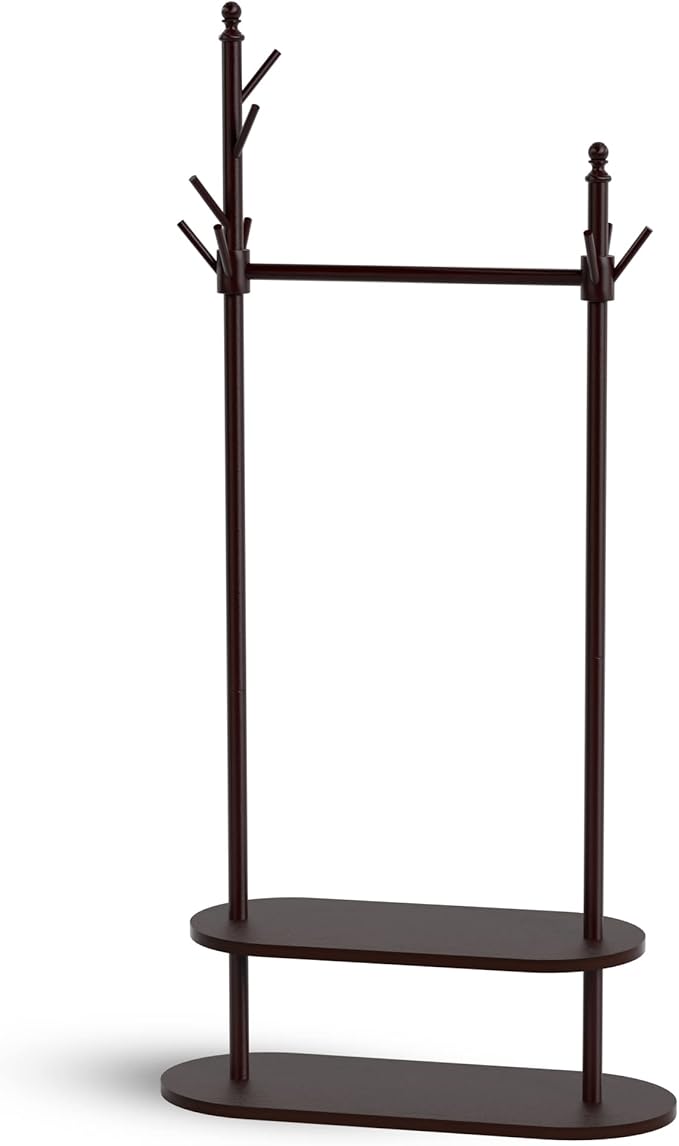 2-Tier Coat Rack Freestanding, Easy Assemble 8 Hooks Wooden Coat Rack with Shoe Storage Sturdy Coat Tree Save Space, Rustic Coat Stand for Entryway, Bedroom, Office (Dark Brown)