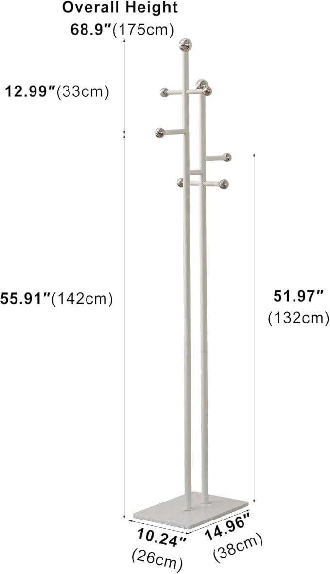 Free Standing Coat Rack with Marble Base & 8 Steel Hooks Clothes Rack for Entryway Bedroom Living Room Hotel 14.96 x 10.24 x 68.9 Inches (White)