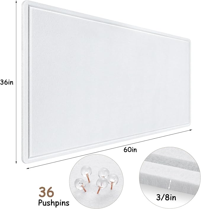 Large Bulletin Board, Foldable 60x36 Inches Cork Board Alternative, Large Felt Board Decorative Pin Board for Wall, Foldable Photo Board Self-Adhesive Vision Board with 36 Pushpins White
