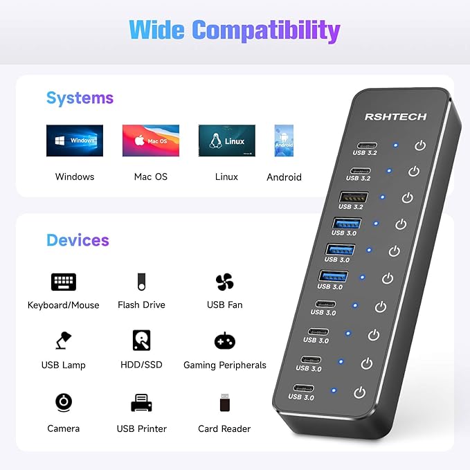 RSHTECH 10 Ports Powered USB 3.2/USB C Hub Splitter 60W with 3 x 10Gbps USB 3.2 Ports (2C + 1A),7 x USB 3.0 Ports (4C +3A), 3.3ft Cable and Individual Touch Switches for Laptop PC