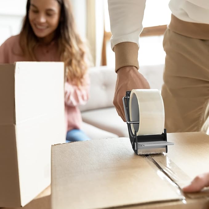 Rapid-Replace Tape Dispenser Gun with 2 Inch X 60 Yard Tape Roll (Transparent) and Extra Blade, Lightweight Ergonomic Heavy Handheld Duty Tape Cutter for Packaging and Box Sealing Black