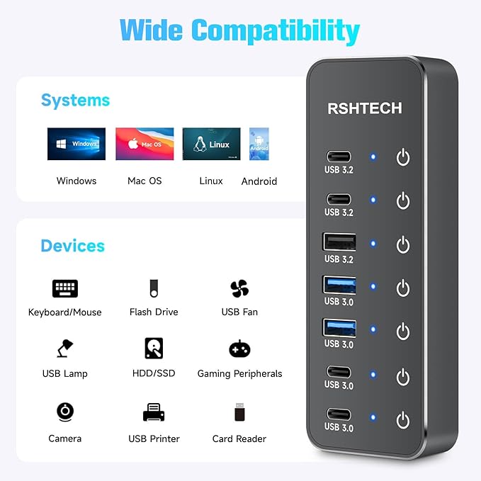 RSHTECH 7-Port Powered USB 3.2/USB-C Hub Splitter with 3 x 10Gbps USB-3.2 Ports (2C + 1A),4 USB-3.0 Ports (2C + 2A), 3.3ft Cable, Touch Switches, and 5V Power Adapter for Laptop PC