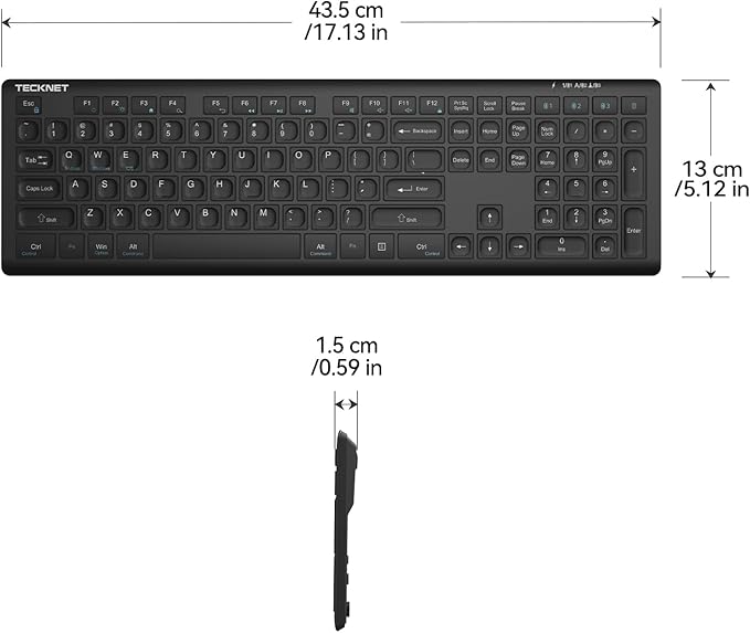 TECKNET Bluetooth Keyboard Rechargeable, 4-Device Free Switching (2.4G+BT), Ultra-Slim Full Size Wireless Keyboard, Quiet Typing, for PC/Laptop/Smart TV/Phone, Adjustable Stand, 12 Multimedia Keys