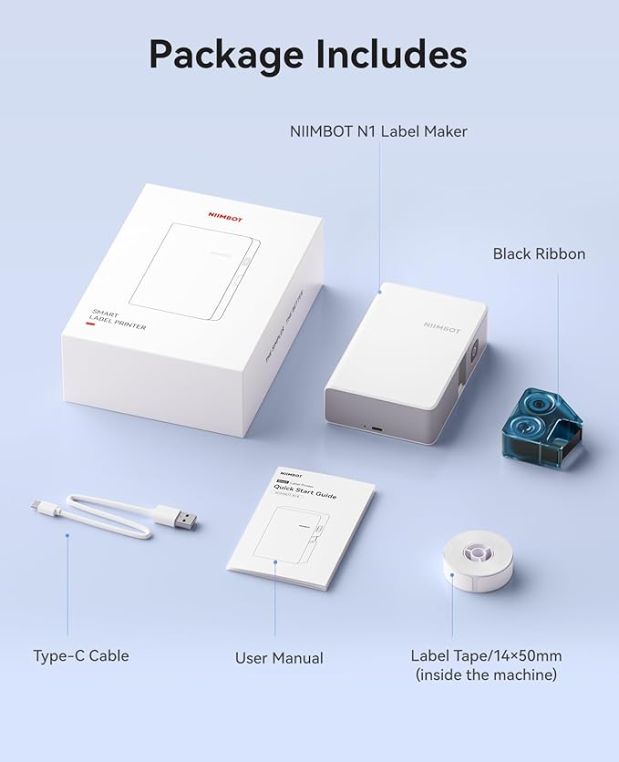 NIIMBOT N1 Label Maker with Tape, Portable Bluetooth Label Printer Support Color Printing, Mini Sticker Labeler Rechargeable for Home Office Small Business Outdoor Storage, White