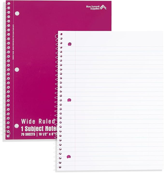 Blue Summit Wide Ruled Spiral Notebooks Bulk, 1 Subject Spiral Notebook Wide Ruled, Paper School Bulk Notebooks, 48 Pack