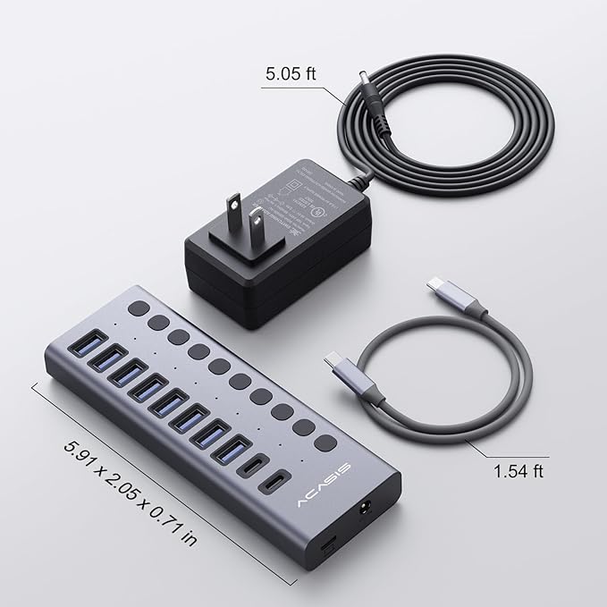 ACASIS 10 Ports 60W USB C 3.2 Hub, 10Gpbs Data Transfer, 20V/3A Power Adapter, Individual On/Off Switches, Aluminum Housing, USB Splitter for PC, Computer, Laptop, Mobile HDD, Flash Drive