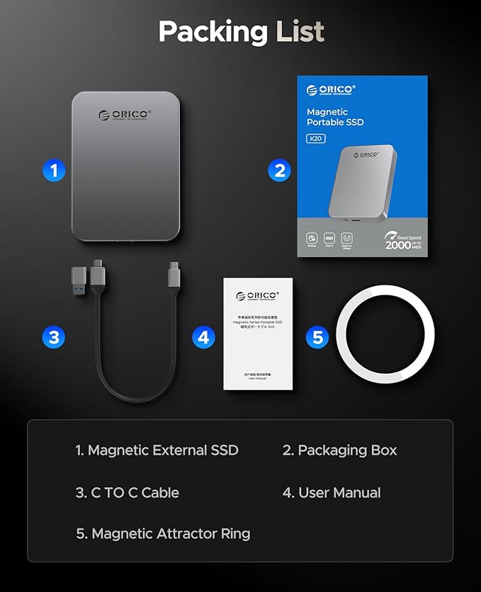 ORICO 256GB Magnetic Portable SSD, Metal Body, 4K 120 fps ProRes HDR Record and Store, Up to 460MB/s, USB C&A 2 in 1 Cable, External SSD Compatible with iPhone 16 Pro Max, Tablet, Computer - K5PLUS