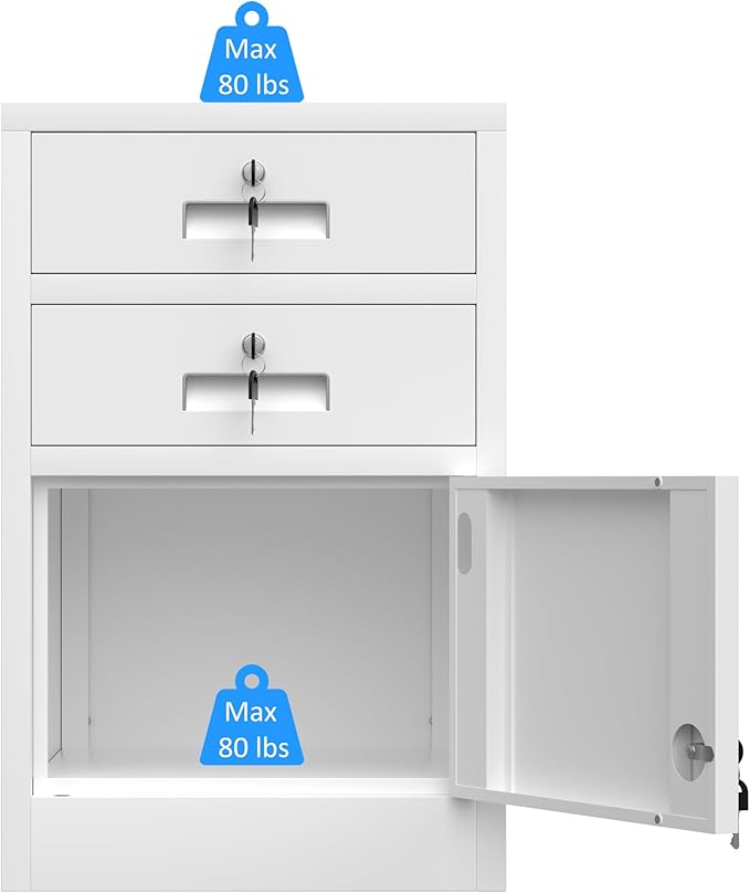 Metal Storage Cabinet with Locking Door and 2 Lockable Drawers for Home Office Bedroom Living Room (White)