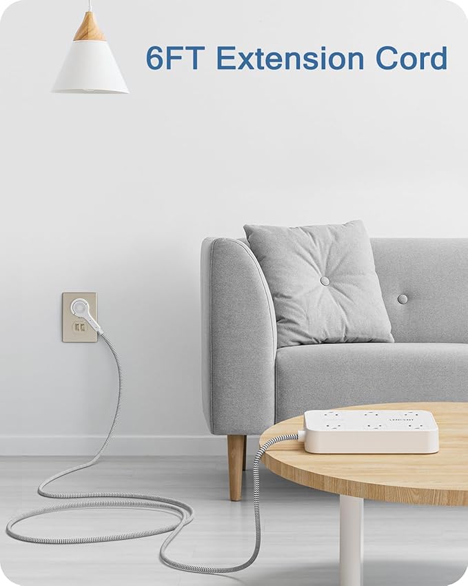 LENCENT 2 Prong Power Strip, 3 to 2 Prong Outlet Adapter, 1050J Surge Protector, 6ft Braided Extension Cord with Thin Flat Polarized Plug, 6 AC & 4 USB (1 Type-C), Wall Mount for Non-Grounded Outlet