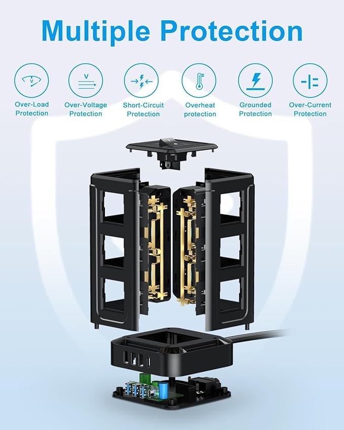 NVEESHOX Surge Protector Power Strip Tower, 10 FT Flat Plug Extension Cord with 12 AC Outlets 4 USB Ports(20W PD Type C), Charging Station with Surge Protection for Family, Office, Dorm