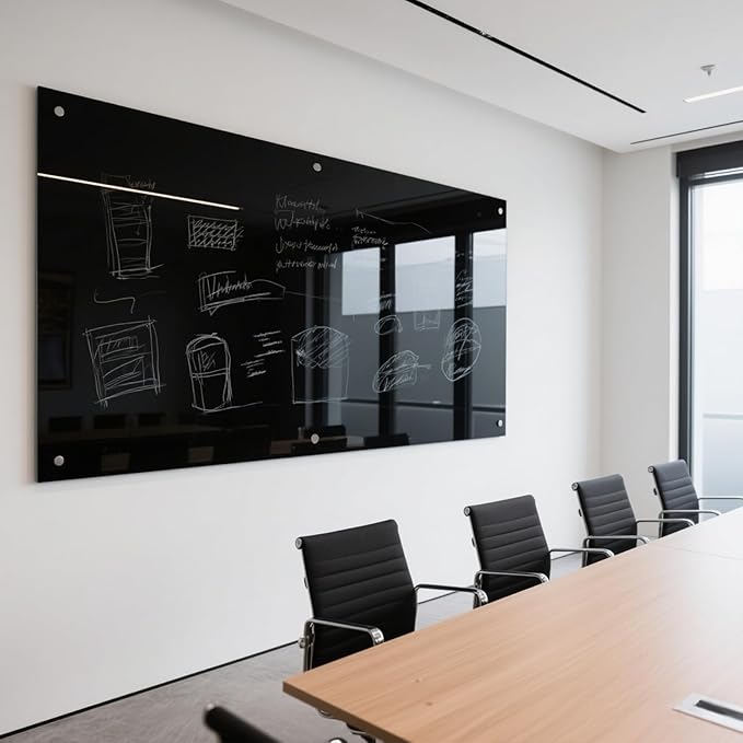 KIZZBY Magnetic Glass Dry Erase Board - Large Black Whiteboard for Wall 72"x48" Frameless Black Board for Office, Home & School