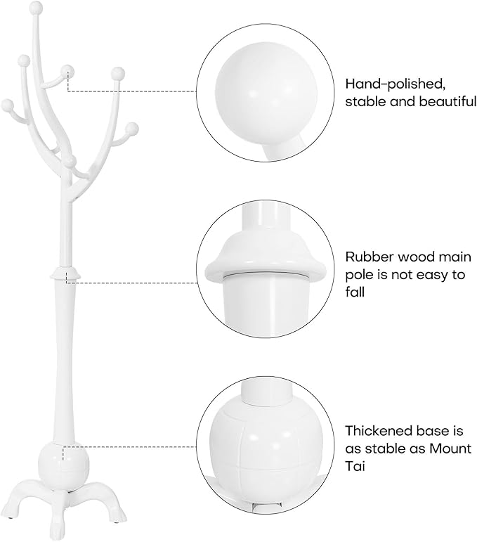 Coat Rack, Solid Wood Coat Racks Stand, Free Standing Coat Rack Coat Hanger with Hooks for Jaceket, Winter Coats, Entryway, Hallway, Bedroom - Load 160lbs (White)