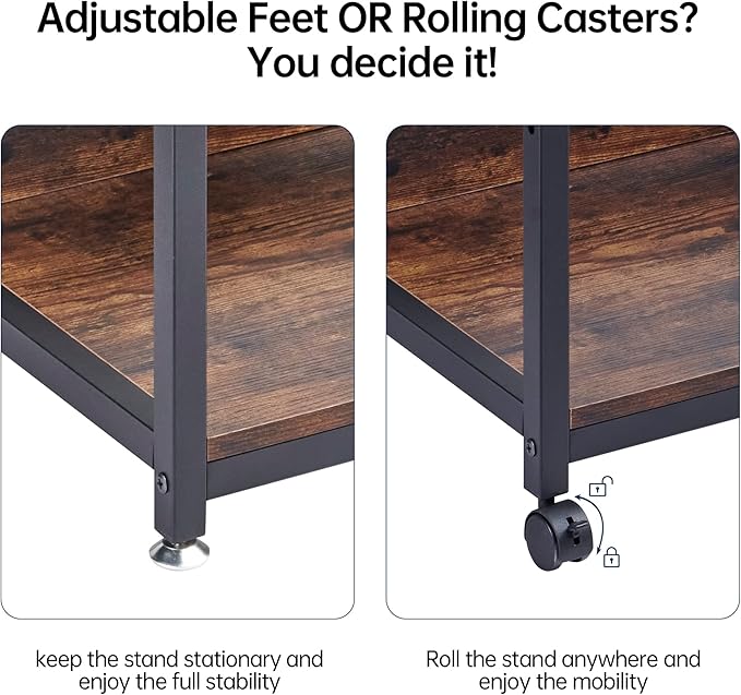 4-Tier Printer Stand with Adjustable Storage Shelf, Large Tall Printer Table with Wheels for Home Office Small Spaces Organization, Rustic Brown