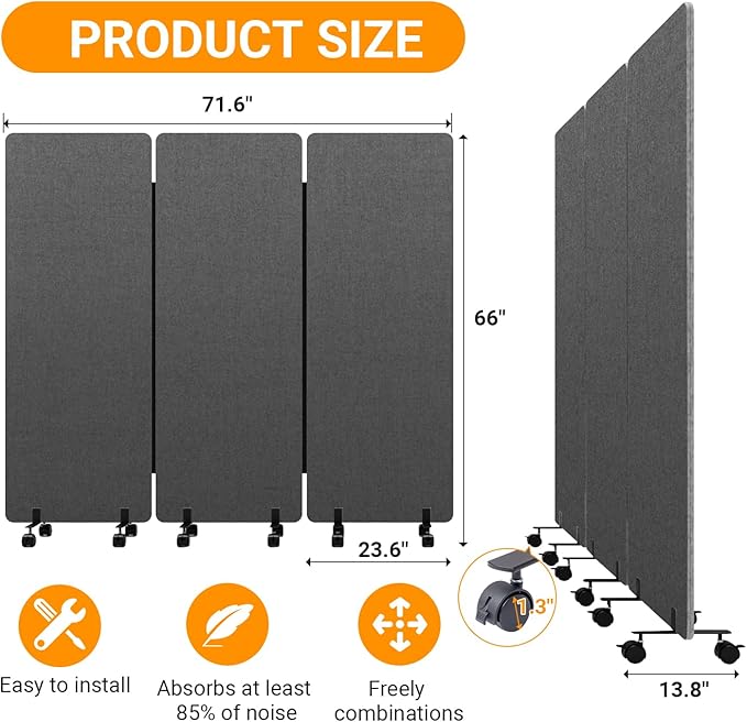 Soundproof Room Divider with Wheels, 66in Office Dividers for Sound Proofing & Reducing, 3 Panel Sound Proof Dividers for Office Partitions Portable Temporary Wall Acoustic Wall Divider,Dark Grey