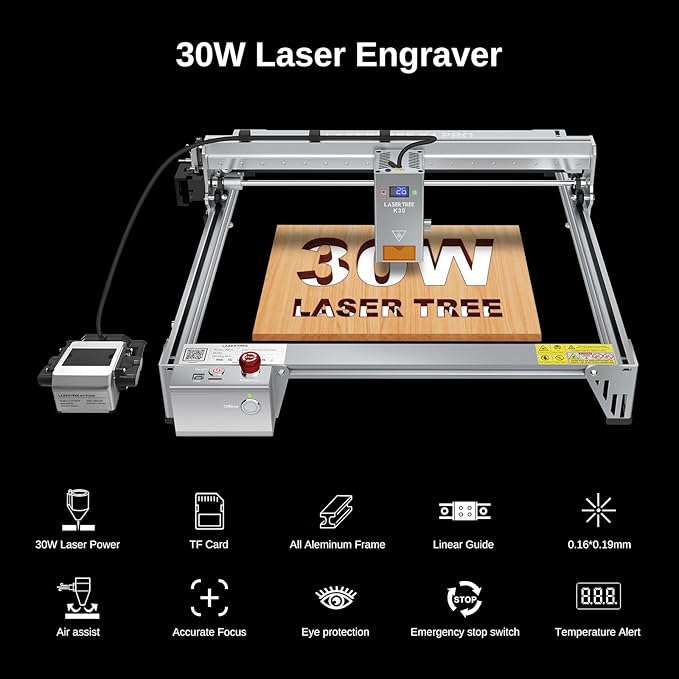LASER TREE Laser Engraver, 30000mW(30W)Output Power Laser Engraver Machine with Air Assist Pump, High Precision Laser Cutter and Engraver for Wood & Metal Paper Acrylic Glass Leather etc,Class 4