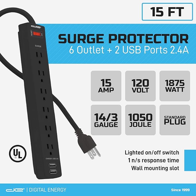 Digital Energy 6-Outlet + 2 USB 1050 Joule Surge Protector Power Strip with 15-Ft Long Extension Cord, Black, UL Listed