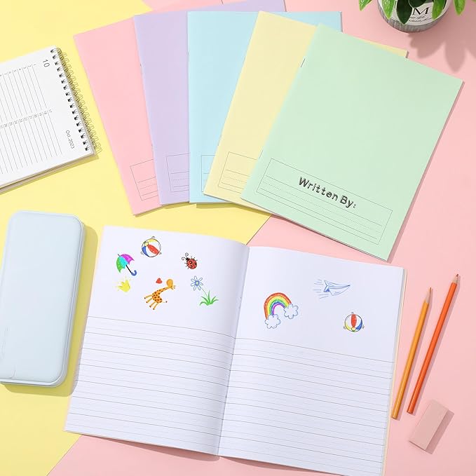 Henoyso 6 Pcs Primary Composition Notebook K-2 9 3/4 x 7 1/2 Inch Primary Journal, Back to School Supplies, Bulk Blank Writing Book for Kid to Write Draw Journal 60 Page Notebooks (Pastel Color)