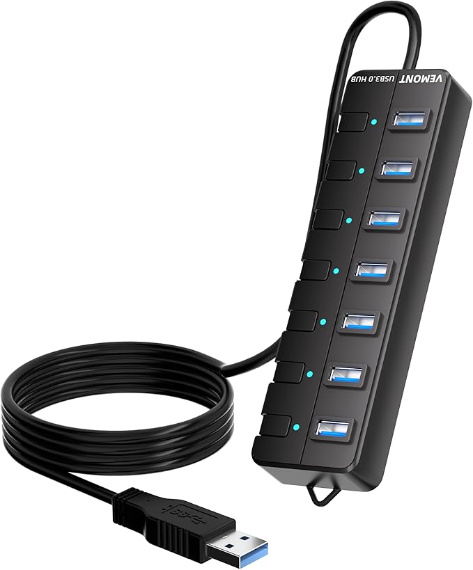 VEMONT 7-Port USB 3.0 Hub (Equipped with a 4-Foot Data Cable, Individual Switch, and Indicator Light, it Supports Data Transfer speeds of up to 5Gbps) Suitable for Desktop Computers and laptops.