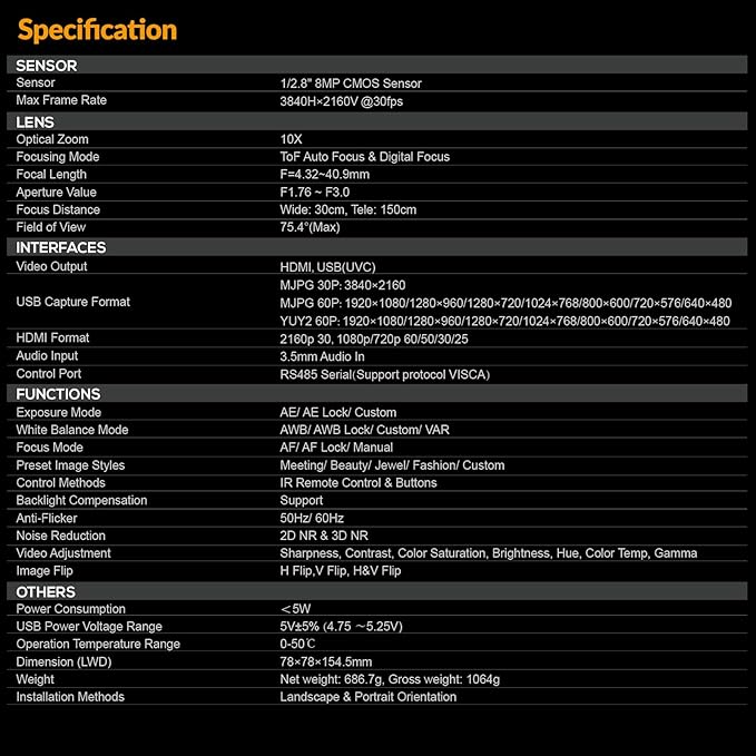 AVMATRIX Live Streaming Camera 10X Optical Zoom 75.4° Wide Angle ToF Auto Focus FHD 1080P 60fps Streaming Camera with USB3.0 & HDMI Out Work with OBS Zoom Teams YouTube/Twitch/Facebook Eagle T10