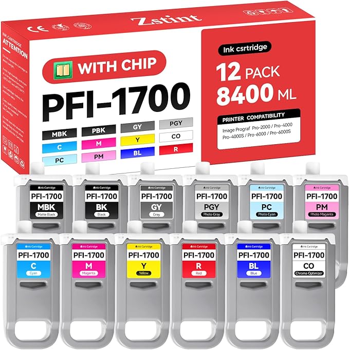 PFI-1700 Pigment Ink Tank Set 12-Pack 700ml High Capacity Replacement for Canon PFI-1700 PFI1700 Ink Cartridges Compatible for Canon imagePROGRAF Pro-2000 Pro-4000 Pro-4000s Pro-6000 Pro-6000s Printer