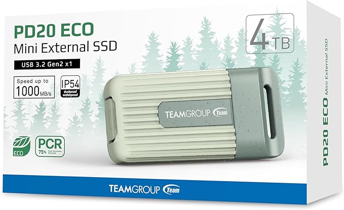 TEAMGROUP PD20 ECO 4TB Portable External Solid State Drive SSD Read up to 1000MB/s USB 3.2 Gen2x1 Type-C Waterproof Dustproof IP54 TPSEG4004T0C102