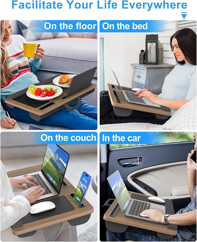 Laptop Lap Desk, Portable Large Laptop Desk for Bed, Up to 17 in Lap Table with Wrist Rest, Mouse Pad, Tablet Phone Slot, Portable Handle, Cushion (Dark Brown Woodgrain)