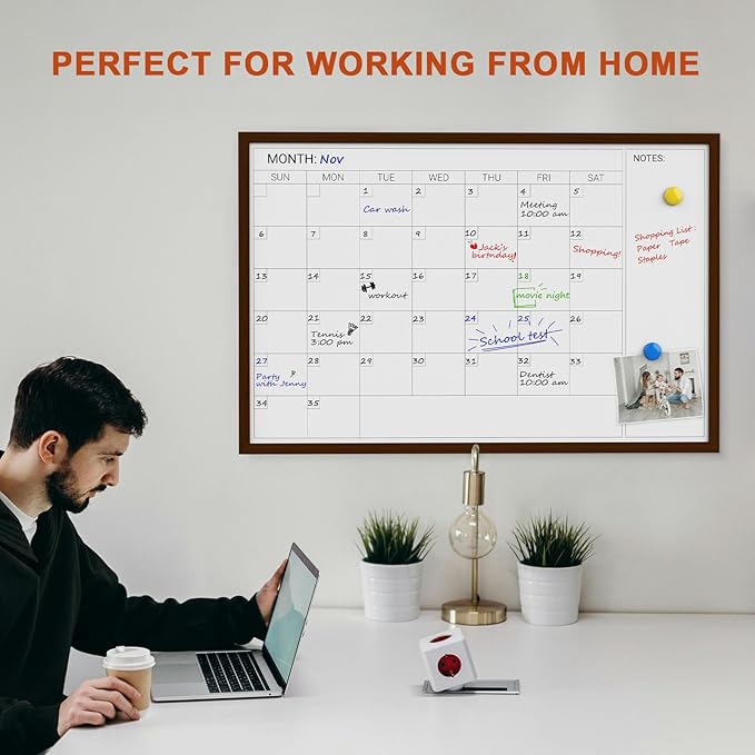 Comix Dry Erase Calendar Whiteboard for Wall,Magnetic Dry Erase White Board with Brown Wood Frame, 36 * 24 inches Decorative Planner Board for Office, Kitchen, School, Home