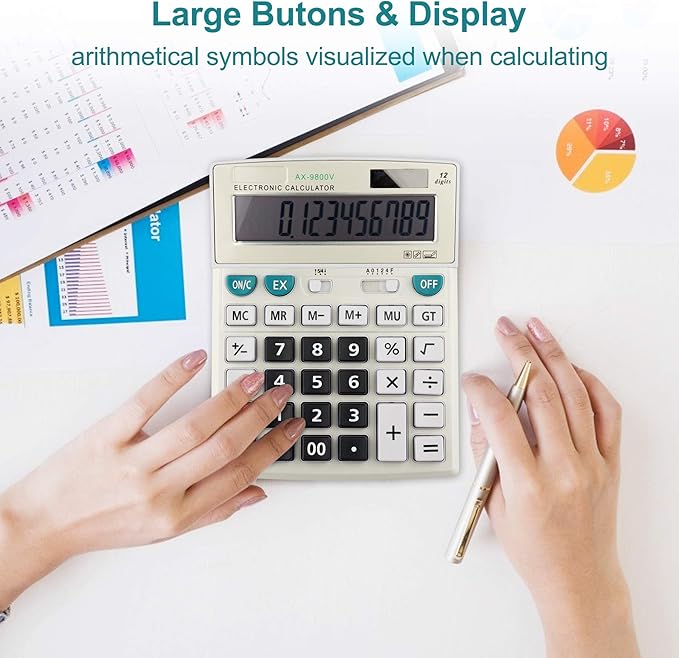 Large Computer Electronic Calculator Counter Solar & Battery Power 12 Digit Display Multi-Functional Big Button for Business Office School Calculating (HY-9800v)