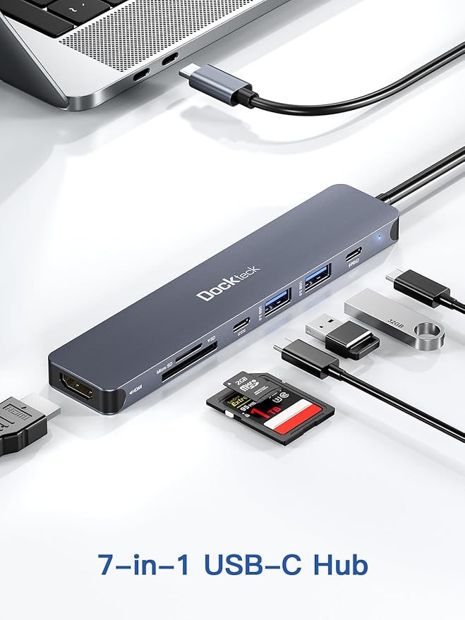 USB C Hub, dockteck 7 in 1 Multiport USB C Adapter with 4K HDMI, 100W PD, 5 Gbps USB-C, 2 USB-A Data Ports, SD/TF Card Reader for MacBook Pro/Air, iPad Pro, Surface Pro, Steam Deck, XPS, HP