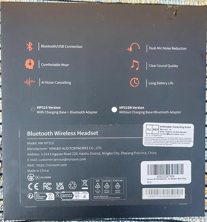 NUROUM Wireless Headset with Mic for Work, Trucker Bluetooth Headset with Noise Cancelling Microphones, Single Ear, Multi-Point/Mute, 45H Playback for Call Center/Work from Home/Office HP31SN