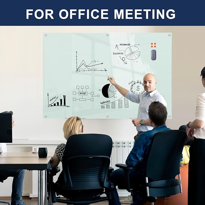 TSJ OFFICE Glass Dry-Erase Board - 72 x 48 Inches (6' X 4') Wall Mounted Glass Magnetic Whiteboard, Extra Large Frameless White Board for Office, Home & School