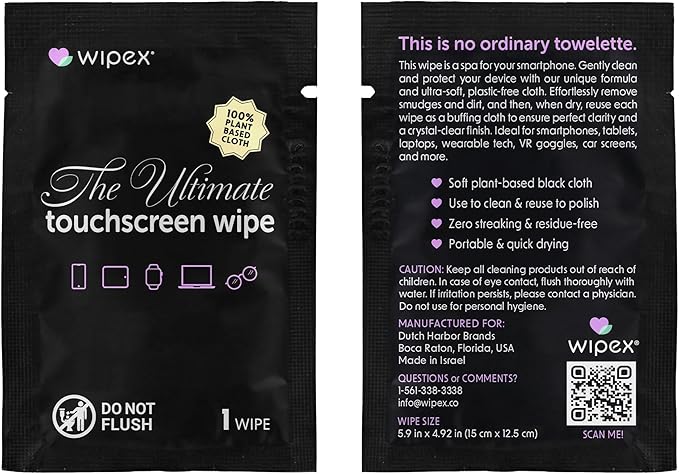 Wipex Ultimate Car Screen Cleaner - 48ct Auto Screen Wipes, Streak-Free & Residue-Free, Plant-Based Black Cloth for Interior, Mirrors & Dashboard, 24ct Individually Wrapped (Pack of 2)