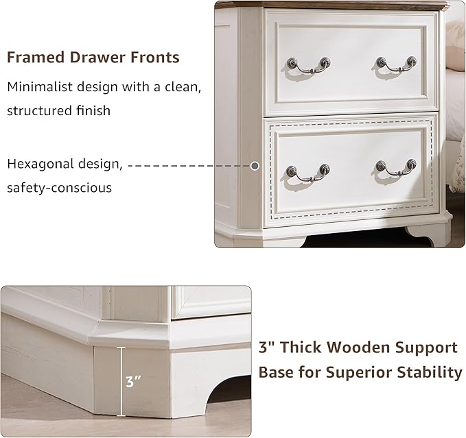 T4TREAM 2 Drawer File Cabinet-30 Wide Wooden Extended Desktop, Farmhouse Filing Cabinet with Smooth Rails, Holds Letter/Legal/A4, Hexagonal Design & Framed Drawer Fronts, Antique White