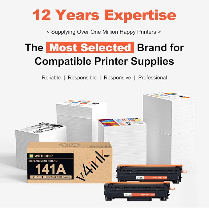 v4ink 141A 141X Toner Cartridge (with CHIP) Replacement for HP 141A W1410A W1410X 141X Black Toner Cartridge use for HP Laserjet M110w MFP M139w M140w Priner, High Yield 2,000 Pages-2 Pack