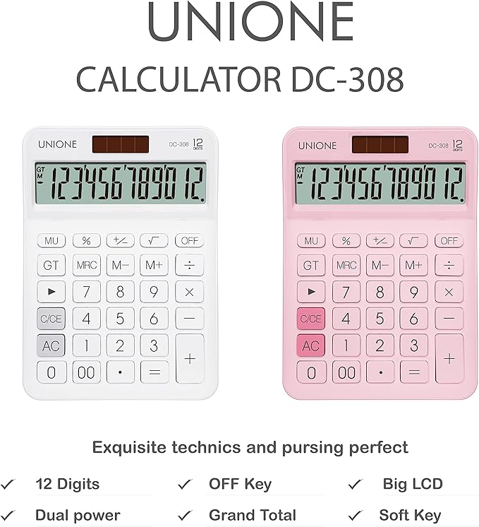 UNIONE Big Size Calculator with a Bright LCD, Dual Power Handheld Desktop. Color. Business, Office, High School 5×7in (WHITE)