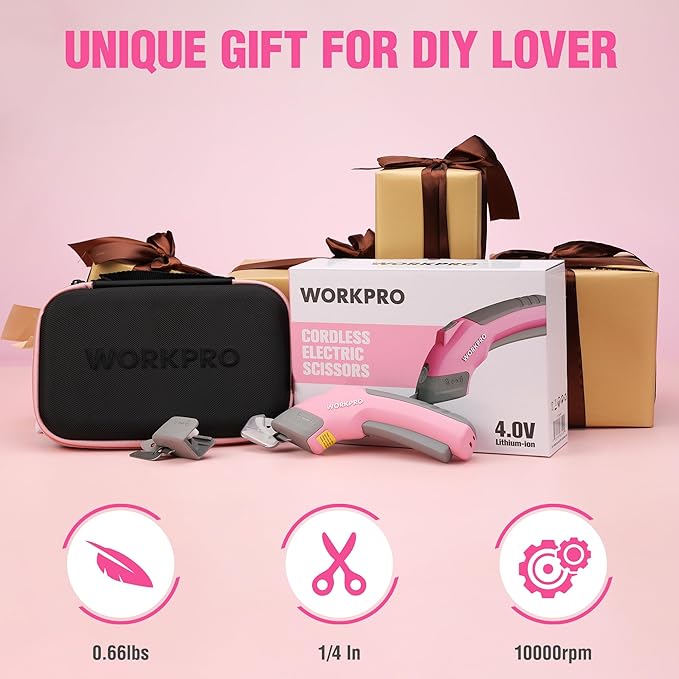 WORKPRO 4V Cordless Electric Scissors With 2 blades, Fabric, Leather, Carpet and Cardboard Cutter, 2000mAh Rechargeable Powerful shears with Storage Case