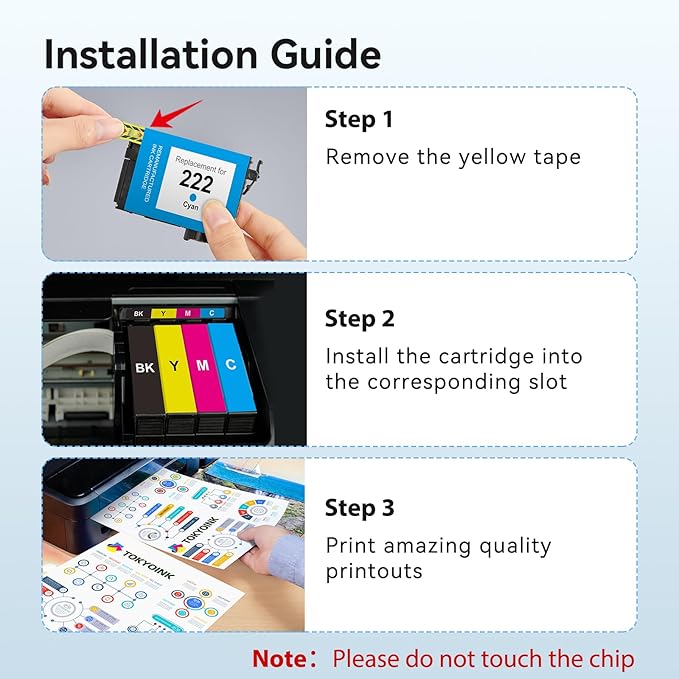 TOKYOINK 222XL Ink Cartridges Combo Pack Remanufactured Replacement for 222 Ink Cartridge 222 XL for Printer XP-5200 WF-2960 Printer Ink (Black, Cyan, Magenta, Yellow 4 Pack)