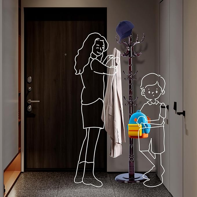 Coat Racks FreeStanding with 14 Hooks, Natural Wood Coat Rack with Solid Round Base, Adjustable Height Coat Racks, Easy Assembly for Hallway, Bedroom and Office (Solid Wood Fenghuang Gou)