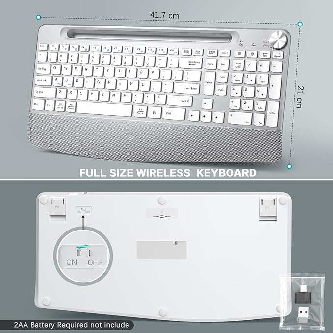 JOYACCESS Ergonomic Wireless Keyboard, 2.4GHz Cordless USB Full-Size Keyboard with Wrist Rest, Quiet Design & Numeric Keypad, Phone Holder for Desktop, Laptop, PC, Mac, Windows -Silver White