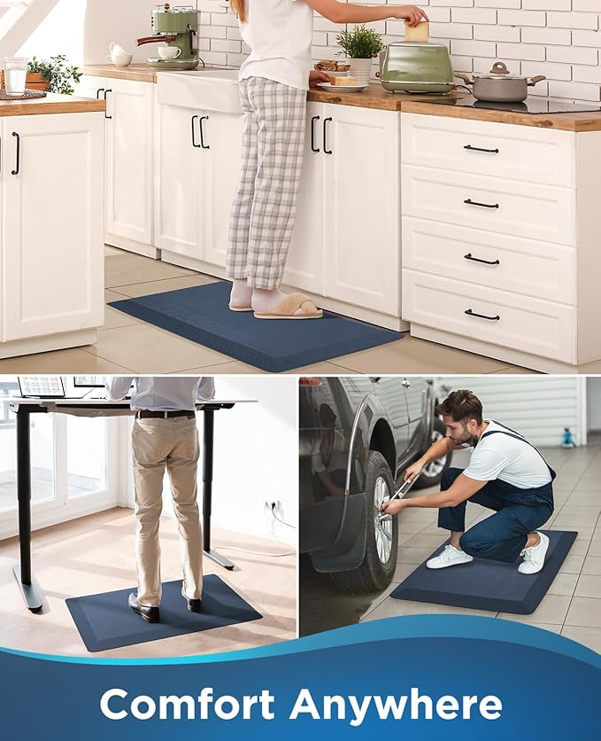 Ophanie Kitchen Mats for Floor, 3/4 inch Thick, Anti Fatigue Cushioned Mat, Kitchen Rugs, Waterproof, Comfort Ergonomic Standing Mat for Office, Home, Sink, 20x32 Blue Non-Slip Ridged Bottom