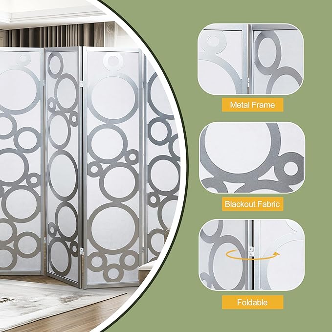 NicBex Room Divider 4 Panel Room Dividers with Circle Pattern Partition Room Dividers and Folding Privacy Screens Wall Divider for Home, Office, Room Separation,70" W x 1" D x 70" H, White+Silver
