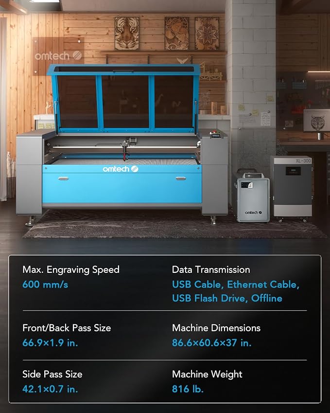 OMTech 150W CO2 Laser Engraver with LightBurn & Water Chiller, 63" x 40" Laser Engraving Cutting Machine with Autofocus Autolift 3 Way Pass Air Assist, Laser Cutter for Wood Glass Acrylic More