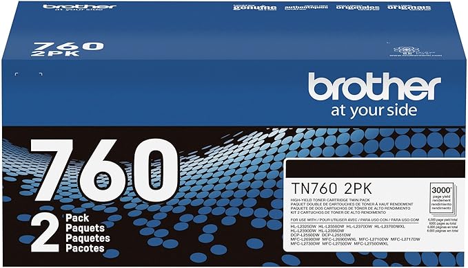 Brother Genuine High-Yield Black Toner Cartridge Twin Pack TN760 2Pk, TN7602PK,2 Pack