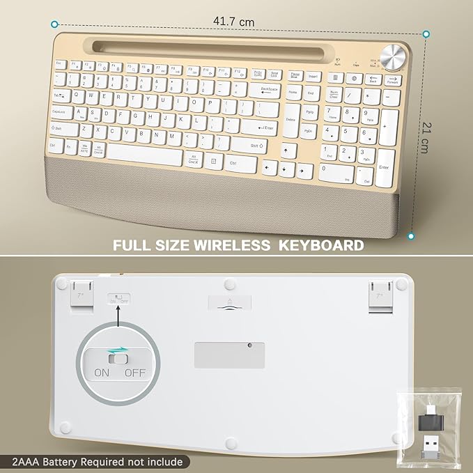 Ergonomic Wireless Keyboard and Mouse with Wrist Rest,Phone Holder - 2.4GHz Full-Sized Low-Profile Quiet Gold Wireless Mouse and Keyboard Combo for Computer, Laptop, PC, Mac-Gold