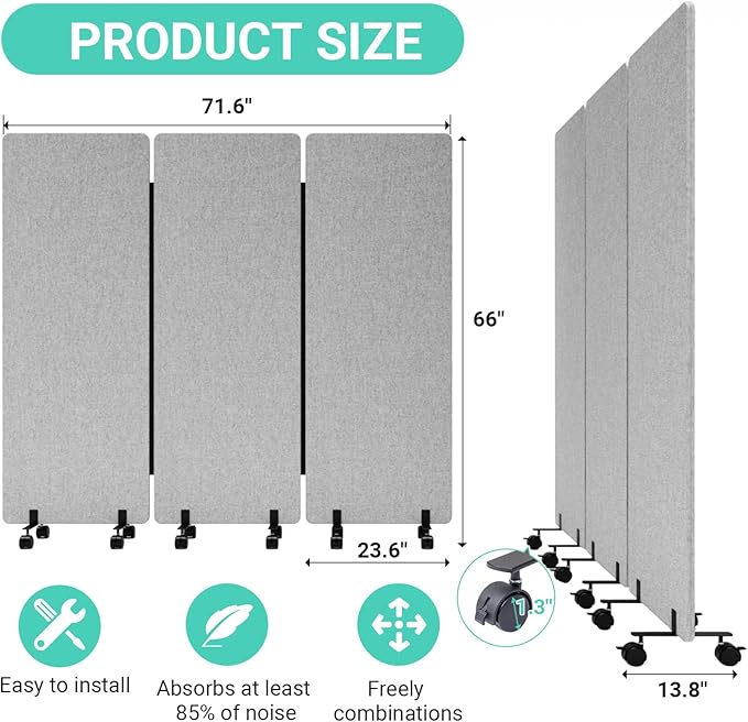 Soundproof Room Divider with Wheels, 66in Office Dividers for Sound Proofing & Reducing, 3 Panel Sound Proof Dividers for Office Partitions Portable Temporary Wall Acoustic Wall Divider,Light Grey