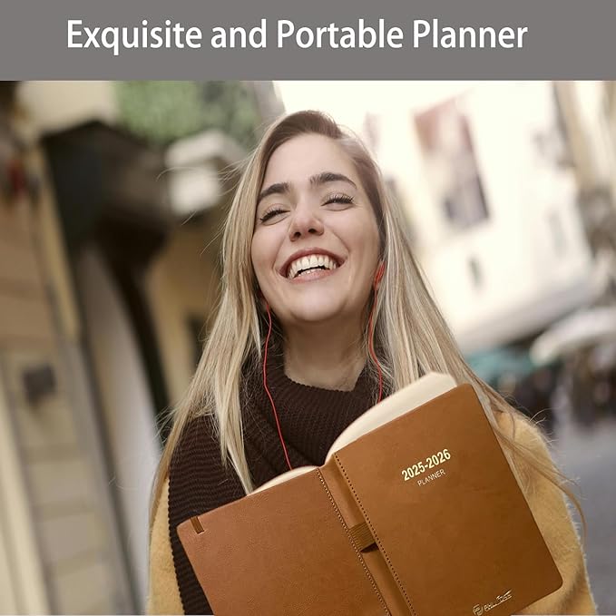 Daily Planner 2025-2026, One Page Per Day, Academic Calendar (July 2025 - June 2026), Appointment Book with Time Slots and Monthly Tabs, 5.7" x 8.25", Pocket, Leather Cove (Black)